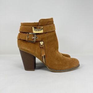 Guess Buckle Strap Brown Tan Gather Ankle Heels Casual Shoes Women's Size 7